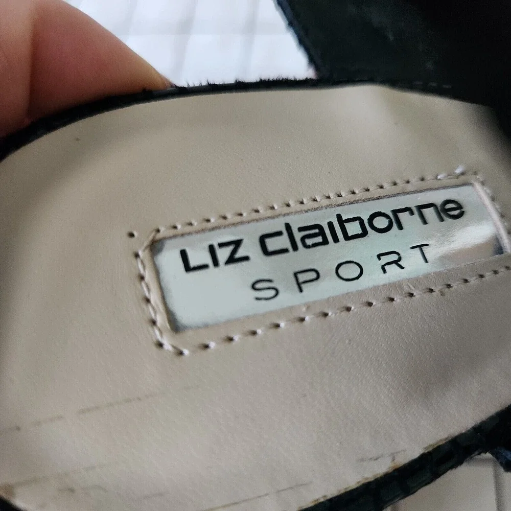 Liz Claiborne Sport Black Snakeskin Wedge Sandals Cork Heel Zip Womans Size 10